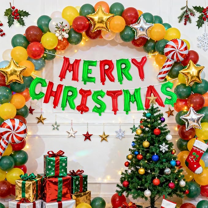 Red and Green Merry Christmas Letter Balloons Banner, Merry Christmas Foil Xmas Balloon for Xmas Party Decorations (Red and Green)