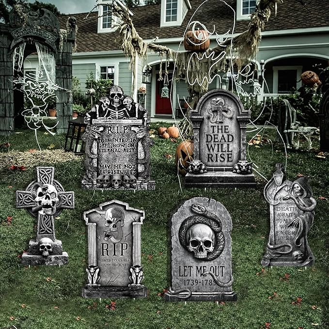 Spooky Outdoor Halloween Tombstones Decor, Large Graveyard Ghost, Snake, Skeletons, 6pcs 11.5“x16.53 Waterproof Scary Gravestones for Home, Party, Cemetery Halloween Decor