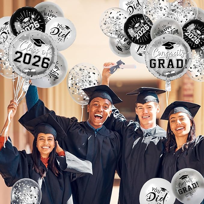 Black and Silver Graduation Balloons Graduation Decorations 2026, 51Pcs Grad Latex Balloons and Grad Foil Balloon with Confetti Ribbons Grad Party Decorations for College High School