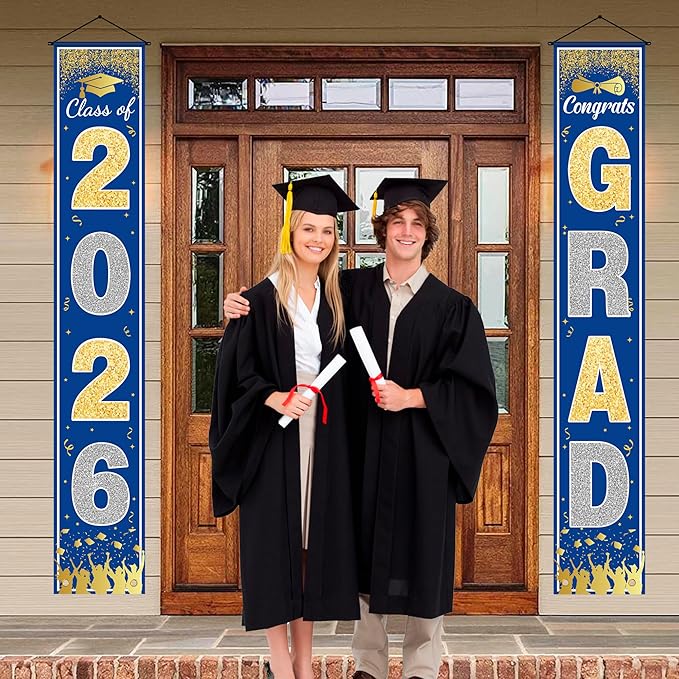 OHOME Graduation Decorations 2026 - Blue Gold Congrats Grad Porch Banner for Graduation Party Decorations - Class of 2026 - Party Favors Supplies Backdrop Yard Signs Decor (Blue)