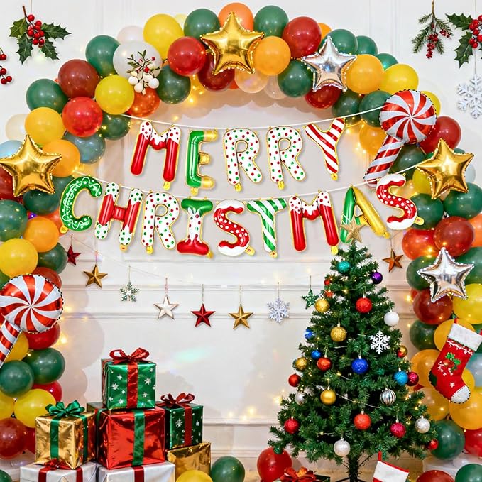 Merry Christmas Letter Balloons Banner, Merry Christmas Foil Xmas Balloon for Xmas Party Decorations (Candy Color)