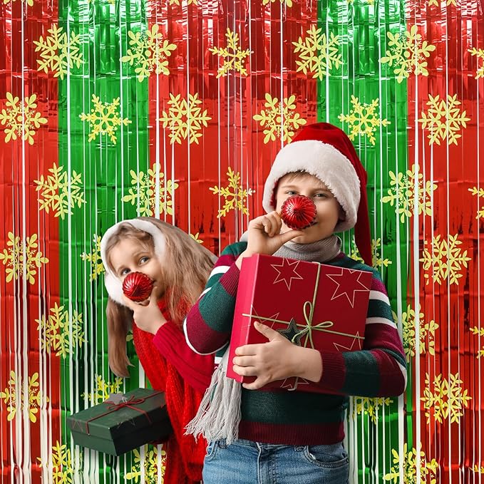 Christmas Party Decorations - 2 Pack Foil Fringe Curtains 3.3 X 6.6 ft Red Green Snowflake Tinsel Streamers Photo Backdrop for New Year, Ugly Sweater Party Decor