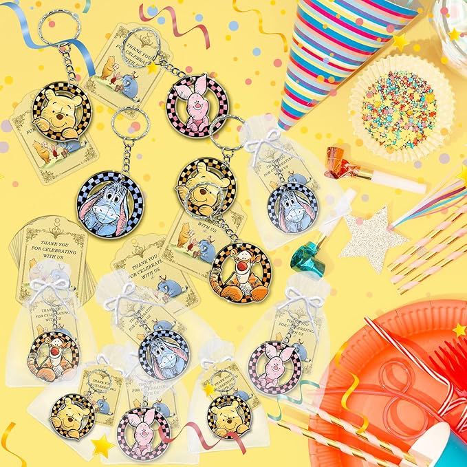 Winnie Baby Shower Favors Keychain,72pcs Winnie Baby Shower Birthday Party Supplies for Guest, 24 Acrylic Keychains, 24 Tags, 24 Gift Bags for Winnie Themed Party
