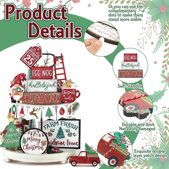 Christmas Tiered Tray Decor Set Christmas Wooden Sign Decor Rustic Farmhouse Gnome Snowflakes Table Sign for Bedroom Desk Office Party Supplies
