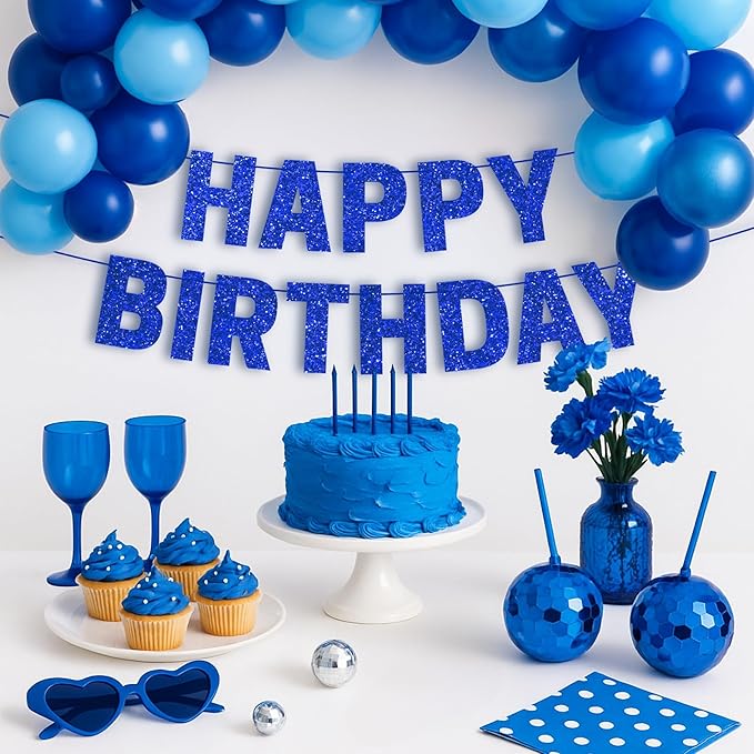 Pre-strung Happy Birthday Banner - No DIY - Blue Glitter Happy Birthday Party Banner for Men Woman Boys Girls - Pre-strung on 8 ft Strands - Blue Bday Party Decorations & Decor. Did We Mention No DIY
