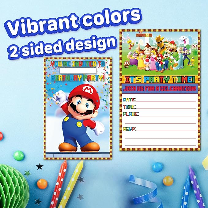 Set of 40 Classic Video Game Themed Happy Birthday Invitation Cards & Envelopes - Lightweight (240g), Postcard Style Invites for the Perfect Party Pack