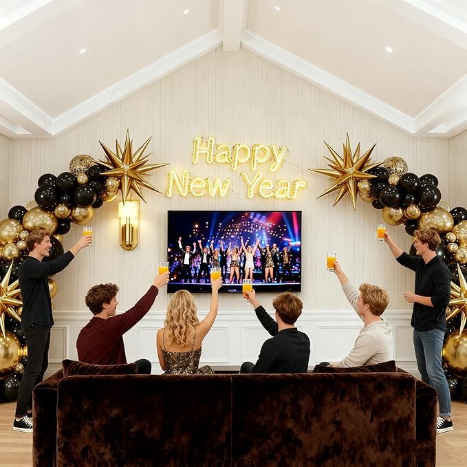 Black and Gold Balloons, 135pcs Black Gold Arch Kit Confetti Star Latex Balloons 5 10 12 18 Inch for Decorations Birthday Retirement Wedding Anniversary New Years Party Decorations