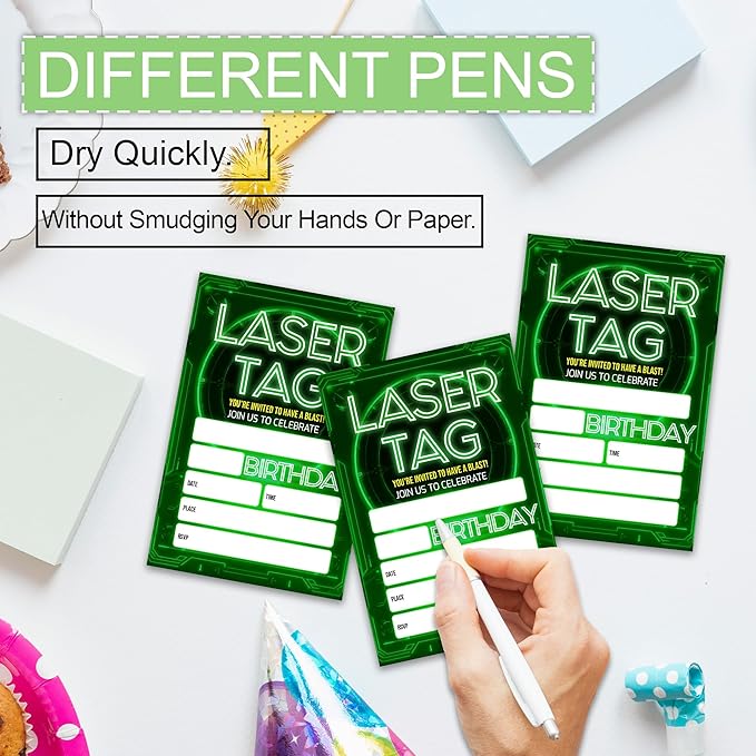 Laser Tag Birthday Party Invitations, Glow Neon Theme Invite Cards, 20 Count with Envelopes for Boys Girls Teen, 4 x 6 Double Sided Printed Fill In Blank Party Supplies- Green