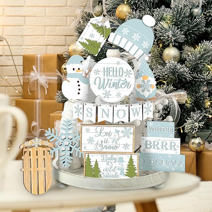 15 Pcs Winter Tiered Tray Decor Snowman and Snowflakes Wooden Signs Farmhouse Winter Tiered Tray Decorations Set Wood Table Decor for Holiday Home Kitchen