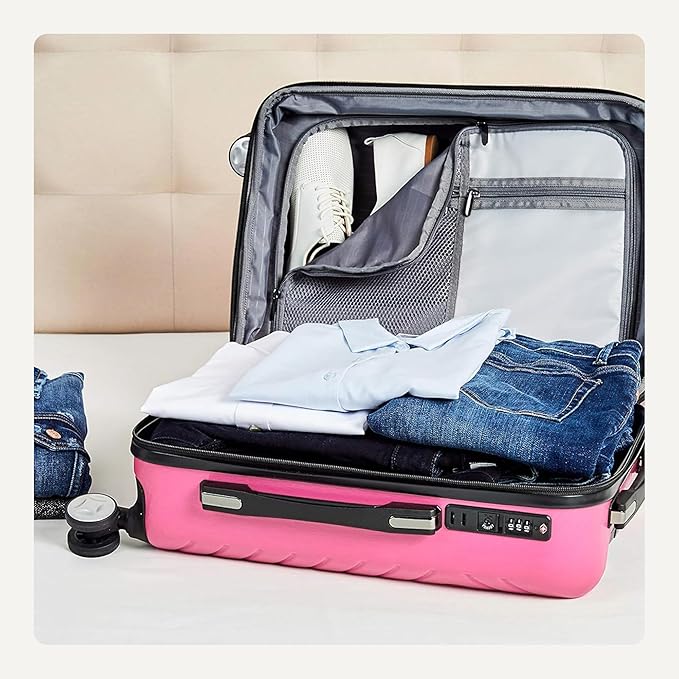Amazon Basics 21" Hardside Carry-On Luggage with TSA Lock, Expandable, Scratch-Resistant Geometric Surface, Organized Interior, 4 Multi-directional Spinner Wheels, Pink