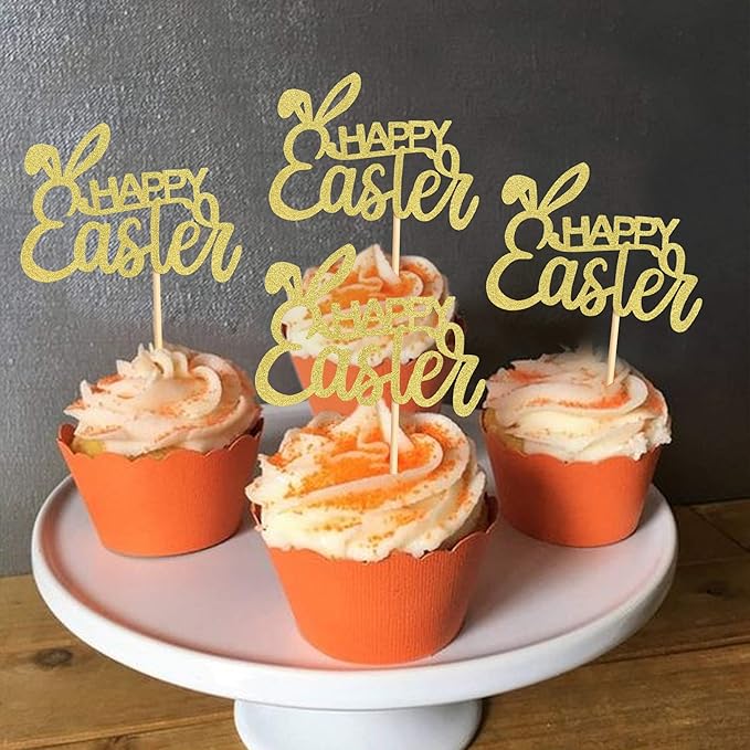 Ercadio 36Pcs Glitter Golden Happy Easter Cupcake Toppers Rabbit Happy Easter Bunny Cupcake Picks for Easter Day Theme Baby Shower Easter Birthday Wedding Anniversary Party Cupcake Decorations