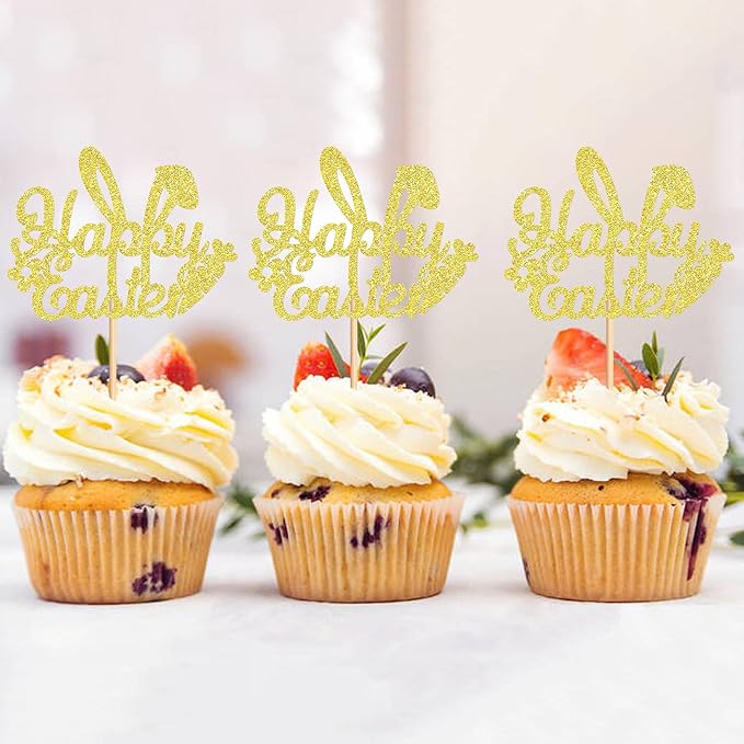 Ercadio 24Pcs Happy Easter Cupcake Toppers Glitter Golden Happy Easter Bunny Ears Cupcake Picks for Easter Day Theme Baby Shower Easter Birthday Party Cupcake Decorations