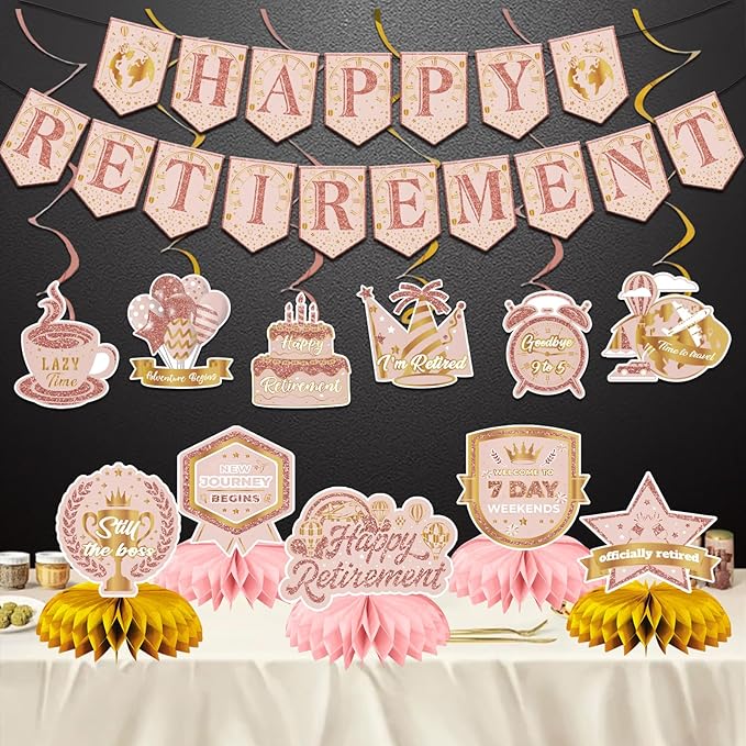 12Pcs Retirement Party Decorations for Men Women Rose Gold Happy Retirement Banner Honeycomb Centerpiece Swirls Party Supplies Retired Farewell Party Set Work Graduation Party Decorations