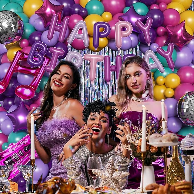 167PCS Purple Pink Teal K-Pop Music Themed Birthday Decorations with HAPPY BIRTHDAY &Musical Symbols & Disco Star & Guitar Foil Balloons for Kpop Music Girls Fans Birthday Party Grad Prom Decoration