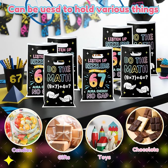6 7 Meme Party Favor Bag 50Pcs Funny 6 7 Birthday Goody Candy Treat Gift Bags, Six Seven Number Ice Cream Theme Party Decorations for Kids Six Seven Birthday Holiday Party Supplies