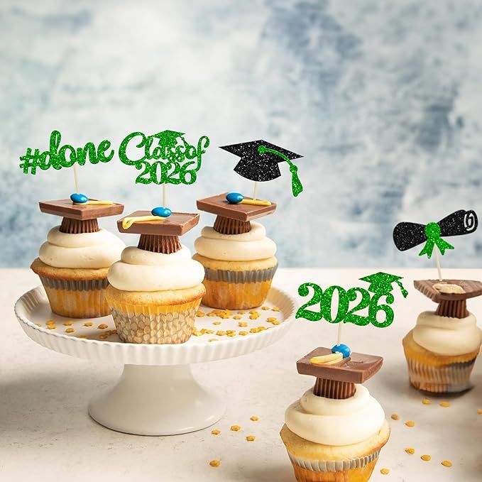 Gyufise 30Pcs 2026 Graduation Done Cupcake Toppers Green Glitter Class of 2026 Cupcake Picks Grad Cap Diploma Cake Decorations for 2026 Graduation Theme Party Cake Decorations Supplies
