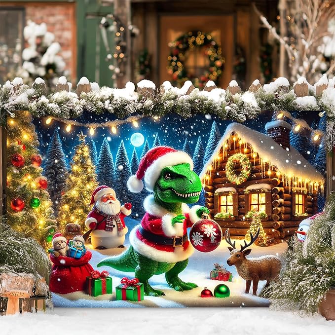 Christmas Banner Dinosaur Santa Claus Holiday Winter Wonderland Decorations Photo Backdrop Snow Scene Party Decor Tree Lights Gifts Reindeer Background for Wall 71 X 43 Inches