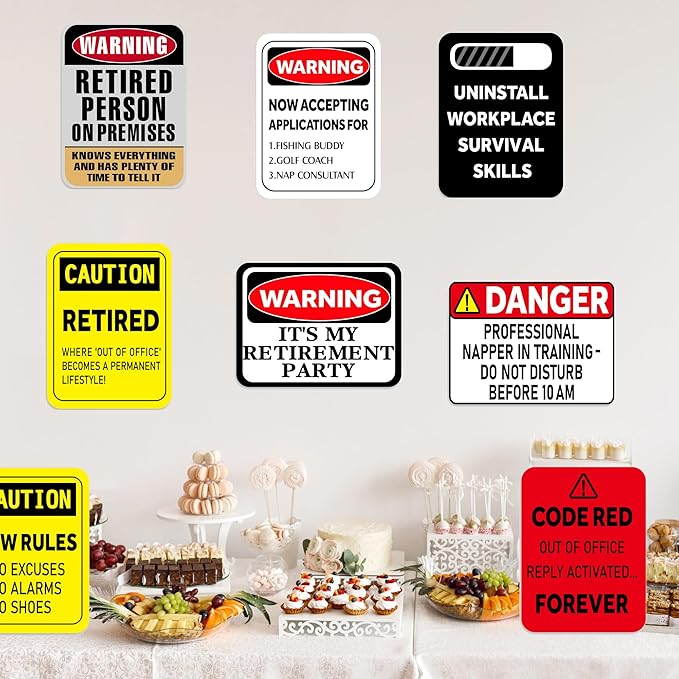 Happy Retirement Party Decorations - 9PCS Signs, Retirement Gifts for Women & Men, Table Centerpieces Yellow Caution Logos on Door Windows Yard Garden Warning Retired Person On Premises Sign