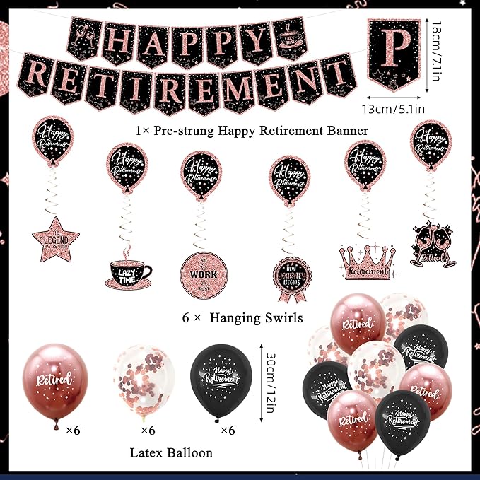 Roetyce Retirement Party Decorations Women, Blue and Pink Happy Retirement Banner Balloons Hanging Swirls Kit, Rose Gold Lengend Has Retired Backdrop for Coworker, Office Retired Party Supplies