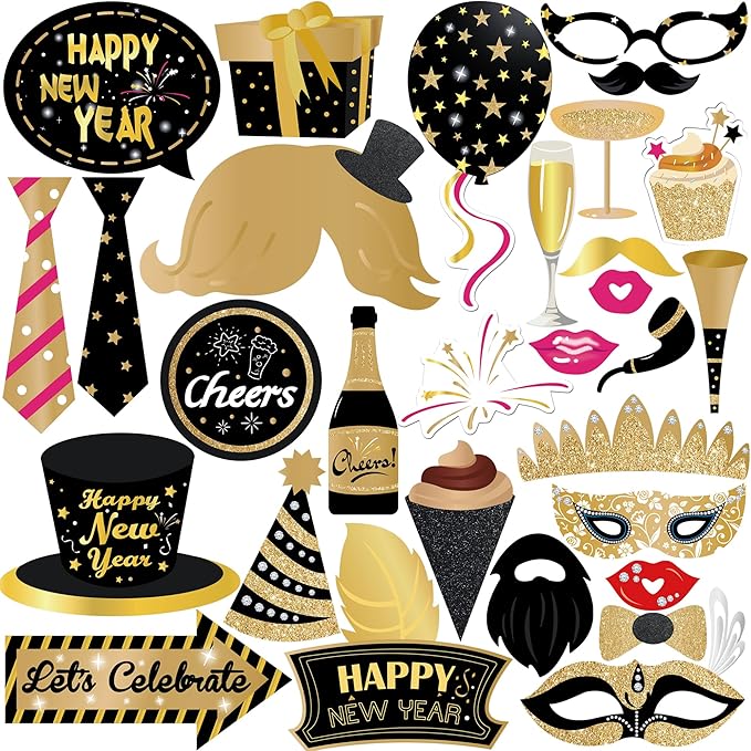 KatchOn, Glitter New Years Photo Booth Props 2026 - Pack of 30 | New Years Eve Photo Booth Props 2026 for New Years Eve Party Supplies 2026 | NYE Party Favors 2026 for Happy New Years Decorations 2026