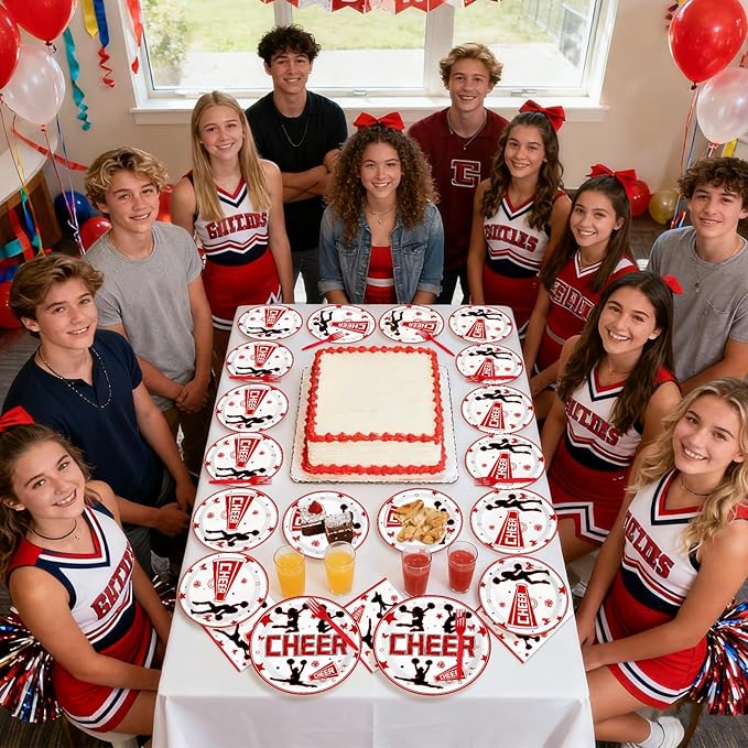 96Pcs Cheerleading Party Supplies Cheerleader and Loudspeaker Plates and Napkins Red Black White Cheerleader Tableware Set for Team Cheer Sports Gymnastics Birthday Party Supplies，Serves 24