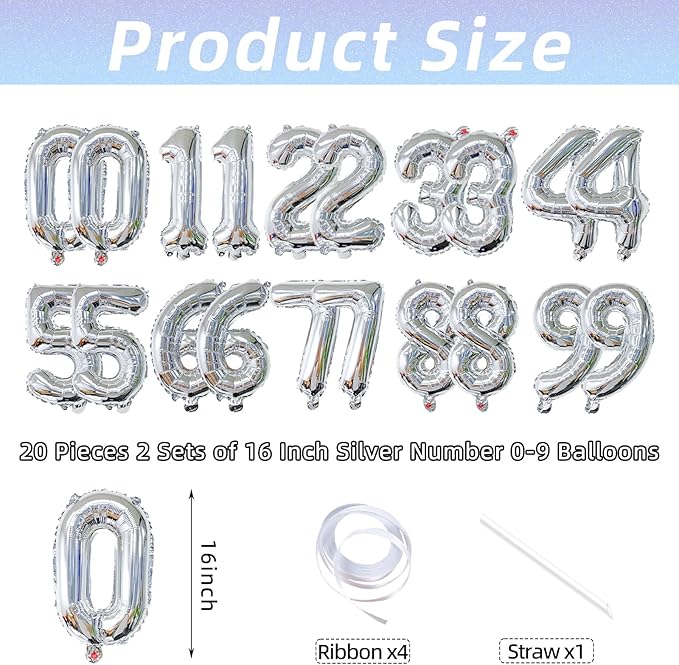 20 Pieces 2 Sets of 16 Inch Silver Number 0-9 Balloons – Foil Mylar Balloons for Custom Number Decorations, Birthday, Anniversary, Graduation, New Year, and DIY Party Decor