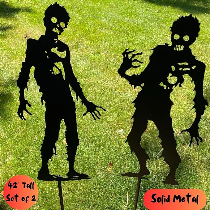 Clovers Garden 42" Tall Zombie Solid Metal Yard Stake (SET of 2) Halloween Outdoor Lawn Decoration Scene - Durable Weather Resistant Spooky Silhouette
