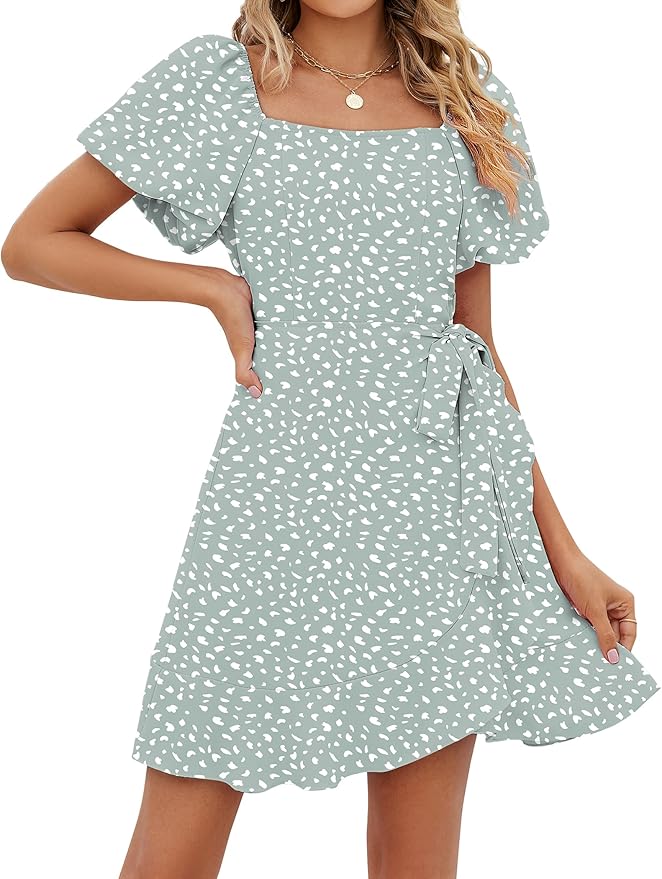 Sampeel Womens Summer Dresses Square Neck Puff Sleeve Tie Waist Short Dress