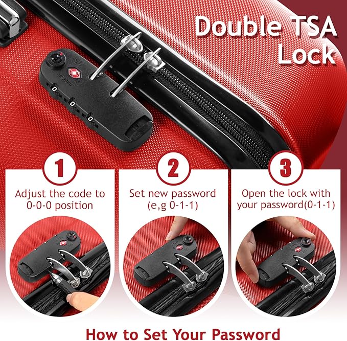 Karl home Luggage Set of 3 Hardside Carry on Suitcase Sets with Spinner Wheels & TSA lock, Portable Lightweight ABS Luggages for Travel, Business - Red (20/24/28)