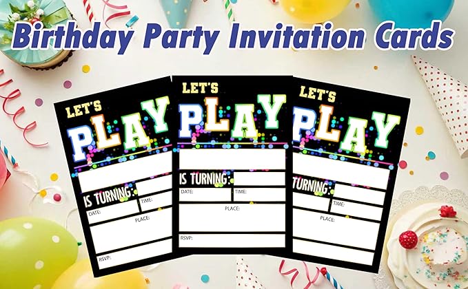 CLIRBE Let's Play Birthday Party Invitations, Glow Neon Invited Birthday Invitations For Teen Boys Girls, 20 Invites Cards With 20 Envelopes, Party Supplies Favors -H15