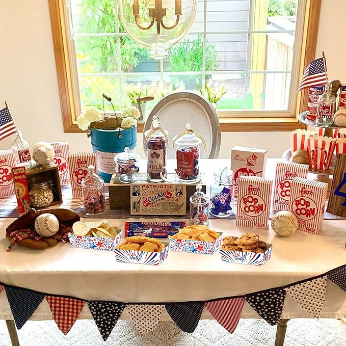 4th of July Paper Food Trays 24pcs Patriotic Red White Blue Disposable Snack Candy Holder Trays For Independence Day Theme Party Decorations