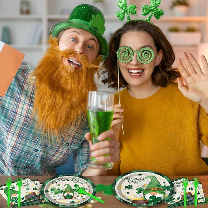 Wiooffen 96 Pcs St. Patrick’s Day Plates and Napkins Green Shamrock Gnome Lucky Tableware Set Irish Festival Party Supplies Table Decorations for 24 Guests