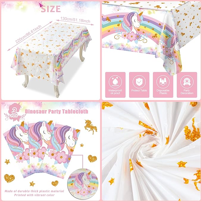 Staraise 3PCS Unicorns Tablecloths for Birthday Decoration, Unicorn Party Decorations Pastel Rainbow DisposableTable Covers for Kids Girls Baby Shower Birthday Party Supplies, 51.2X 86.6inch