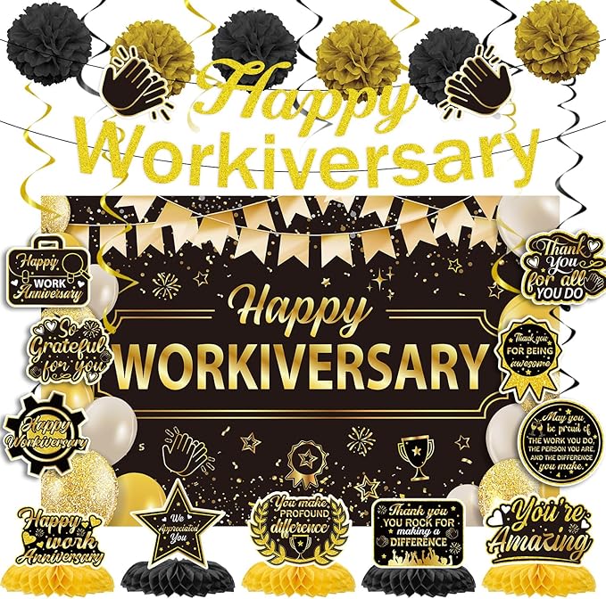 Happy Work Anniversary Decorations - 23PCS Glitter Happy Workiversary Banners Hanging Swirls Honeycomb Centerpieces Pompoms Backdrop, Office Appreciation Supplies Decor for Employee Worker