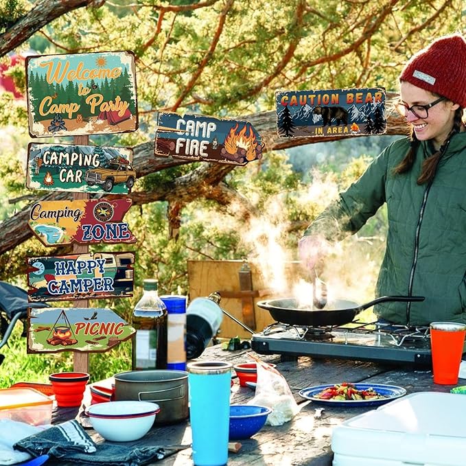 Hooqict 20 Pieces Camping Party Decorations Camping Themed Party Directional Signs for Summer Camp Day Classroom Welcome to Camp Birthday Decor Picnic Yard Sign