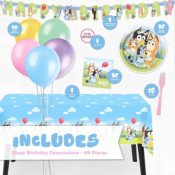 Bluey Birthday Decorations Girl Party Supplies for 16 - Bluey Party Decorations with Banner, Tablecloth, Balloons, Plates, Napkins, Forks, Sticker - Officially Licensed