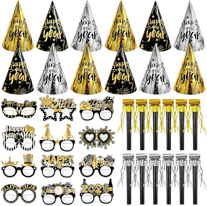 Openfly 36Pcs New Years Eve Party Supplies 2026 Happy New Year Hats Headband Tiara Noise Makers Paper Glasses Party Favors