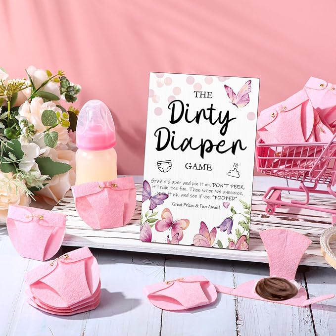 Roowest 51 Pcs Dirty Diaper Baby Shower Games Funny Wooden Sign with 50 Pcs Mini Diapers Cute Felt for Gender Reveal Party Baby Shower(Pink Butterfly)