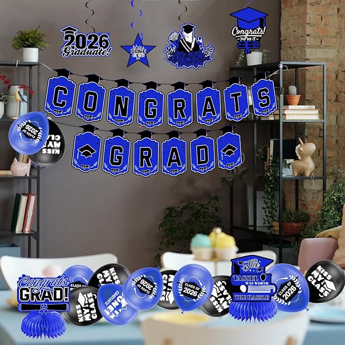 Graduation Decorations 2026 Blue Themed Set - Congrats Grad Banner, Class of 2026 Backdrop, Balloons & Streamers Kit - Complete Party Supplies for High School & College Celebrations