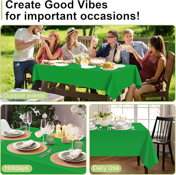 QIKSION Green Plastic Table Cloth Disposable 3 Pack, 54 x 108 Inch Tablecloths for St Patricks Day, Birthday Party, Christmas Decorations, Rectangle Table Cover