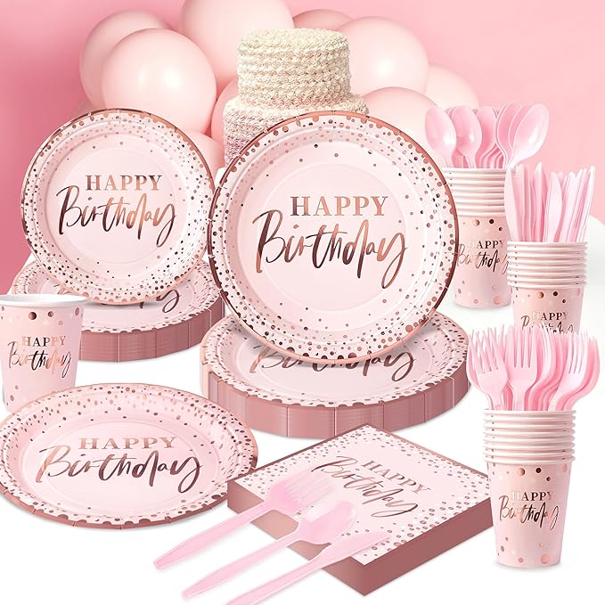 Pink and Rose Gold Happy Birthday Party Plates Set, 168PCS Dots Paper Plates Napkins Cups and Pink Cutlery, 24 Set Disposable Tableware for Birthday Baby Shower Party Decorations