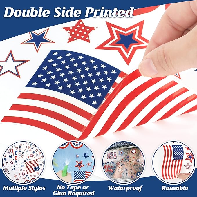 152 Pcs 4th of July Window Clings, 9 Sheets Patriotic Window Clings Decals, Watercolor Double-Sided American Flag Stars Firework Window Stickers for Independence Day Parade Veterans Memorial Day Decor