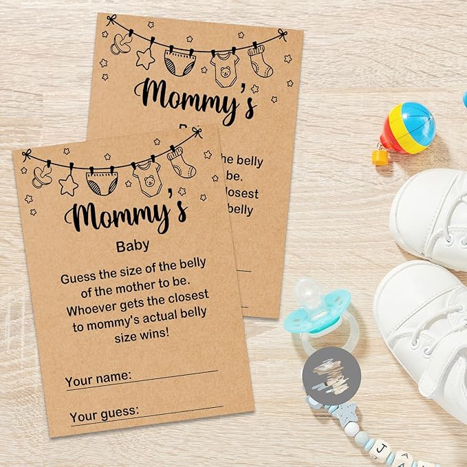 Mommy's Baby Shower Game, Guess Mommy's Actual Belly Size Game Cards, Baby Shower Party Games Supplies & Activities, 30 Game Cards Included, Kraft