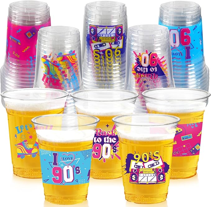 90s Theme Party Decoration Cups, 50 Pcs 16 OZ Disposable Plastic Cups for Retro Music Hip Hop Throwback Dance Back to 90's Birthday Party Favor Supplies