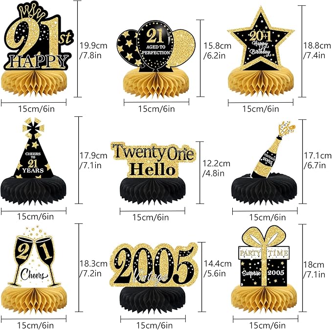 9Pcs Black Gold 21st Birthday Decorations Honeycomb Centerpieces for Girls,Happy 21st Birthday Centerpieces Tables Toppers Party Decorations Supplies,Vintage 2005 Aged Table Sign Decor