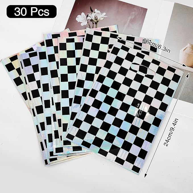 Mikzhskr 30Pcs Race Car Party Favors Bag Black and White Iridescent Laser Checkered Candy Bags Soccer Theme Goodie Bags with Handles for Kids Race Car Birthday Party Supplies