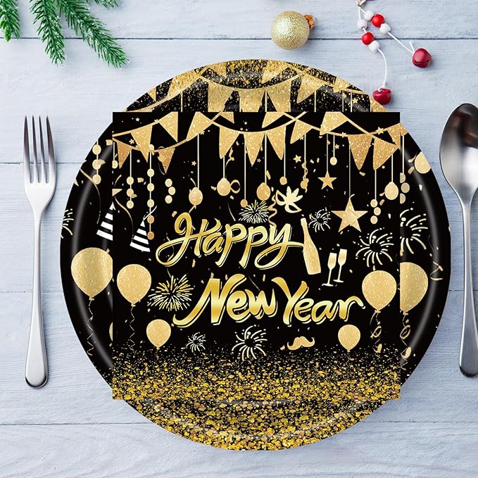 40Pcs 2026 Happy New Year Paper Plates and Napkins Party Supplies, Disposable New Years Eve Plates Napkins Dinnerware Set for New Years Party Decorations