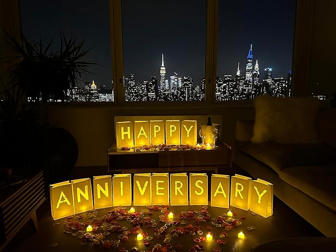 Happy Anniversary Decorations Light up Letters with 30 Tea Lights Candles and 2000 Rose Petals Included - Luminary Paper Bags to be Used as Happy Anniversary Banner and Anniversary Decorations