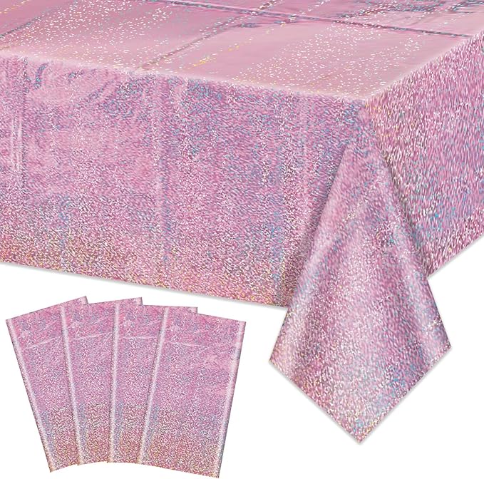 4Pcs Pink Holographic Tablecloths Rectangular Pink Iridescent Tablecloth Shimmer Metallic Table Covers for Girls Princess Wedding Witch Theme Birthday Party Decorations, 54x108Inch