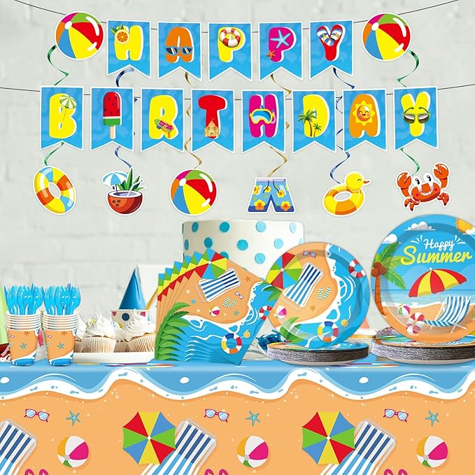 Qyeahkj 184 Pcs Beach Party Supplies Plates Napkins Set Includes Summer Plates Napkins Cups Tablecloth Swirls Banner Tableware Kit Beach Hawaiian Pool Birthday Decorations Favors for Kids, Serve 25
